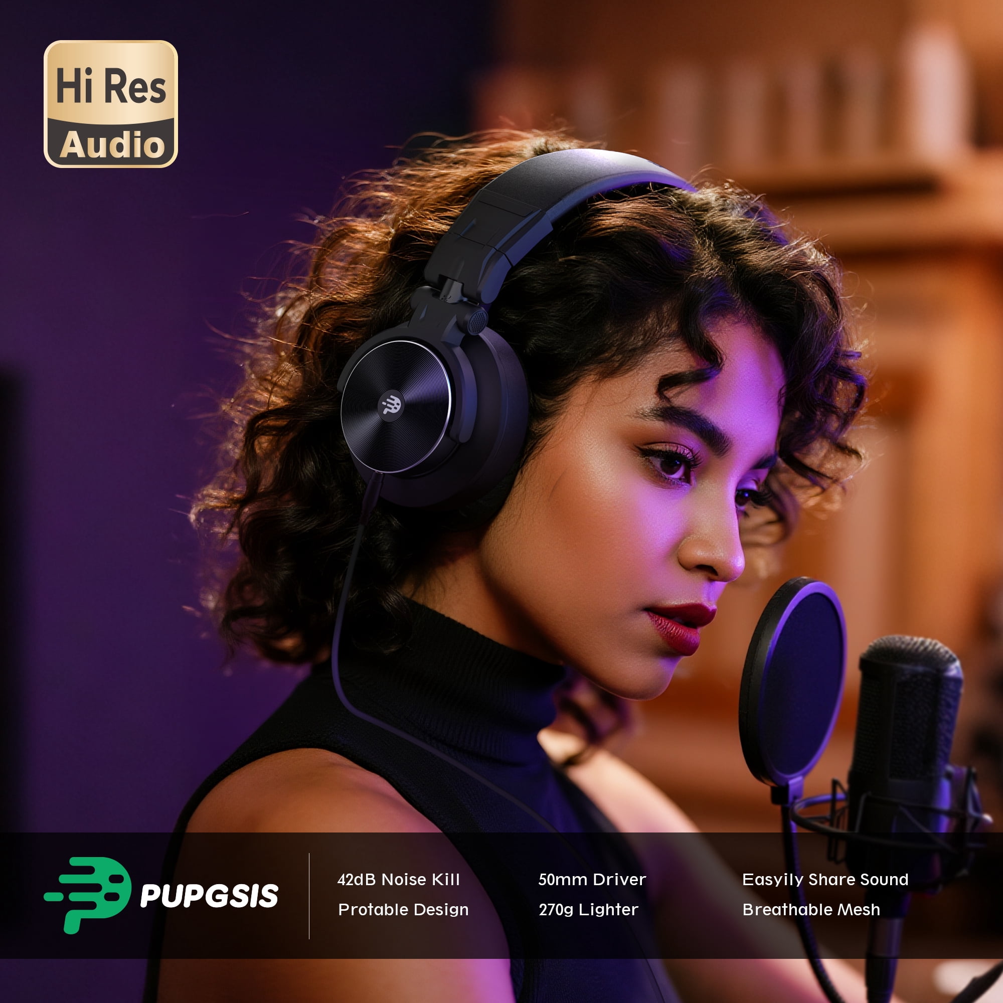Pupgsis Wired Headphones, 40kHz High-Resolution DJ Stereo Headphones with 1/4" & 3.5mm Audio Jacks, Ideal for Recording, Mixing and Podcast Production