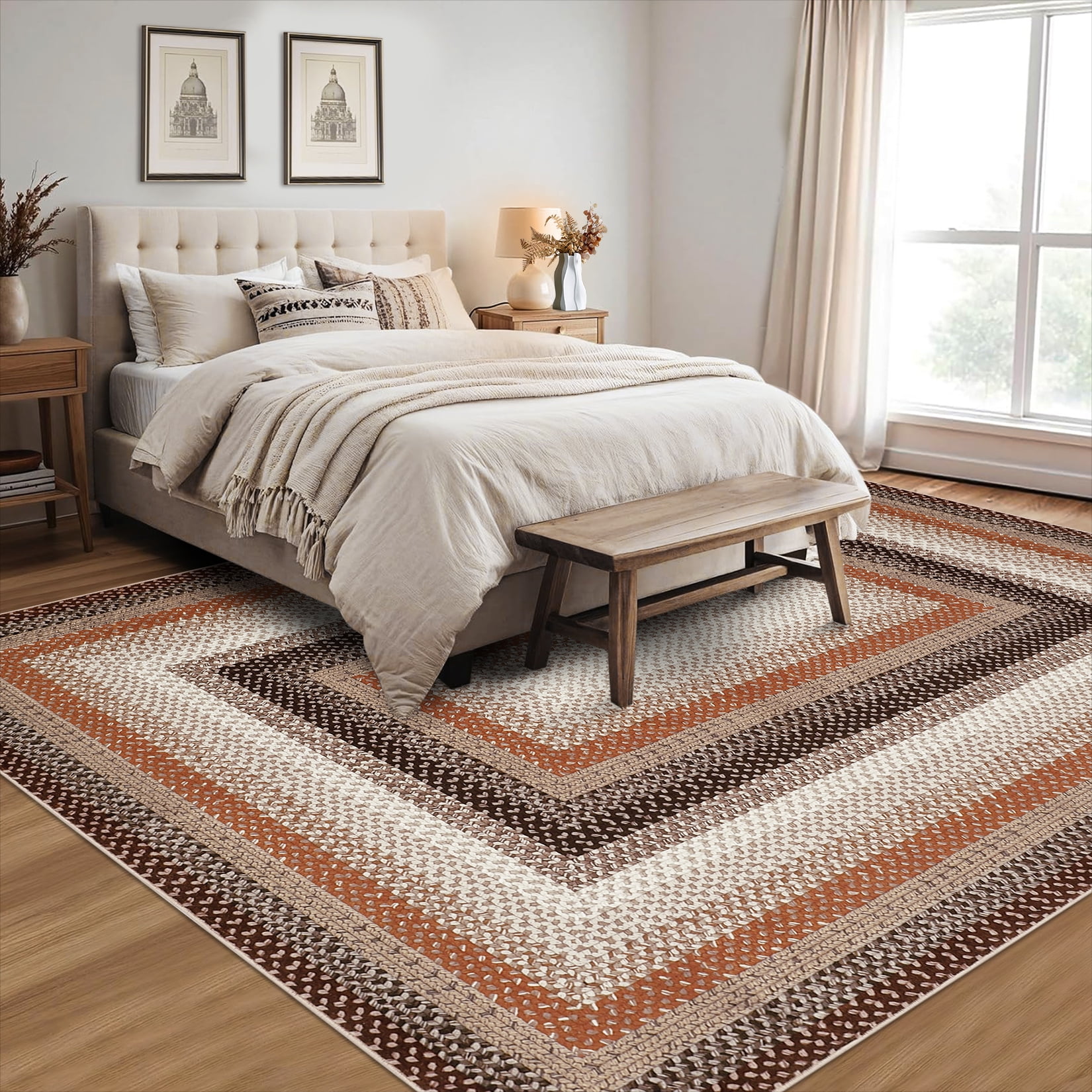 Garvee Modern Washable Braided Print Rugs, 6'x9' Non Slip Farmhouse Floor Carpet Boho Geometric Area Rug for Living Room Bedroom, Brown and Orange