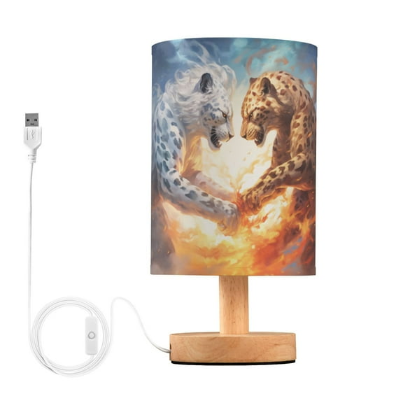 Leopard Cheetah Clouds Fight Table Lamp USB Bedside Desk Nightstand Lamp Printed Gifts Small Lamp Wood Base for Bedroom Living Room Kids Room College Dorm