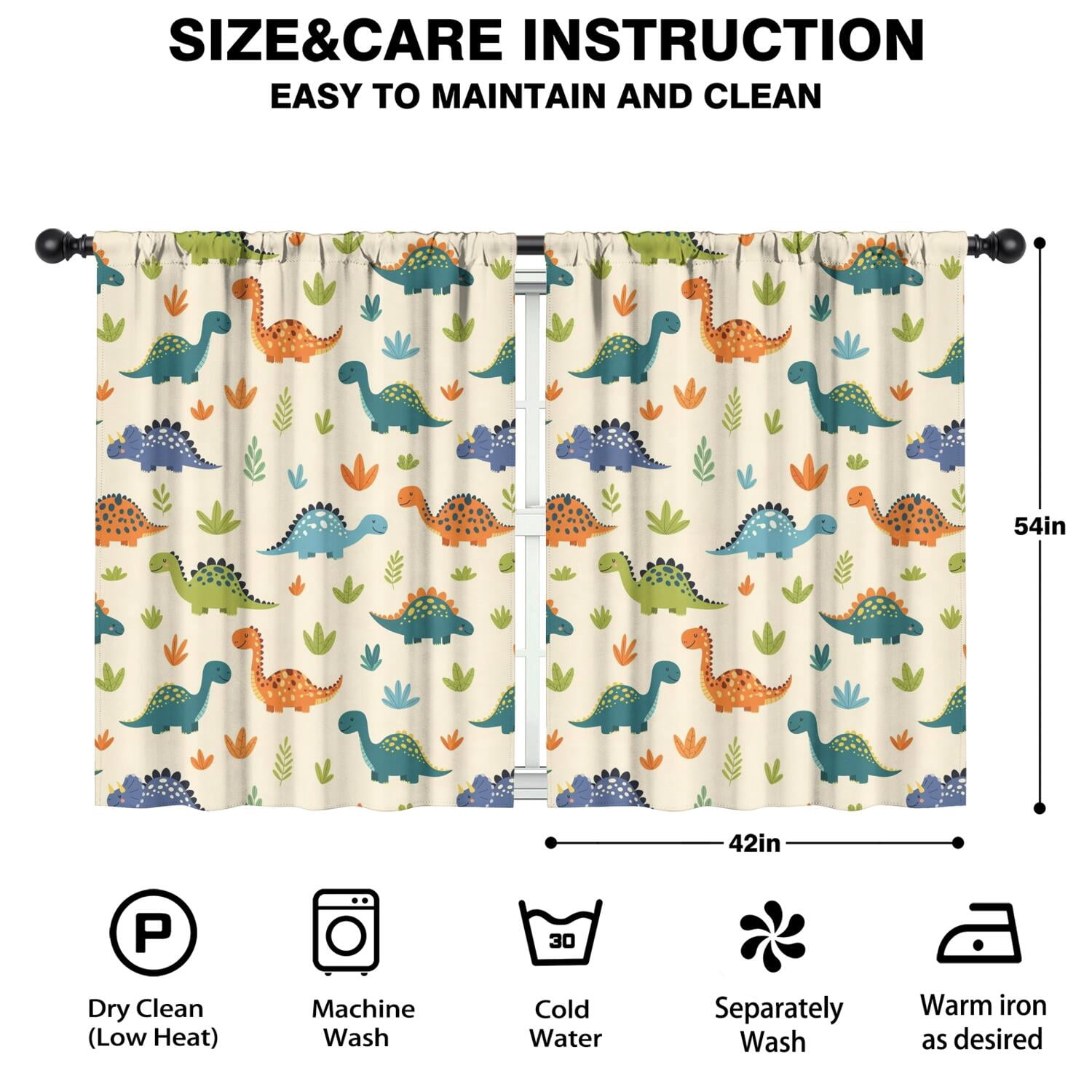 Blackout Kids Curtains,Beige Dinosaurs Plants Leaves Pattern Childrens Insulated Curtains Set Of 2,Bedroom Essentials,Toddler Room Decor 42"x54"