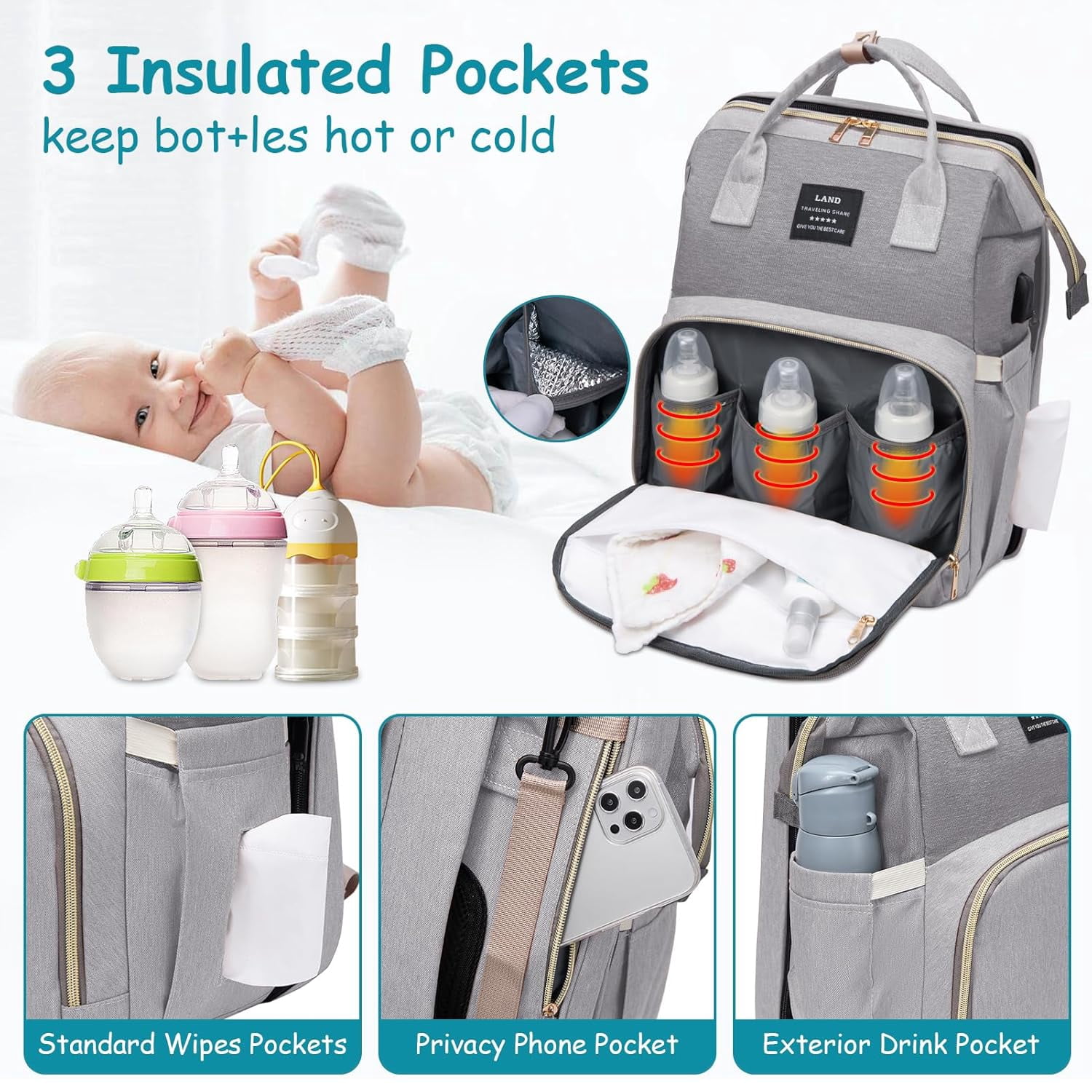 RSENFREMIOR Diaper Bag with Changing Station for Mom Dad, Large Capacity Travel Backpack with Stroller Straps ,3 in 1 Waterproof Foldable Changing Bag with Foldable Crib for Girls Boys