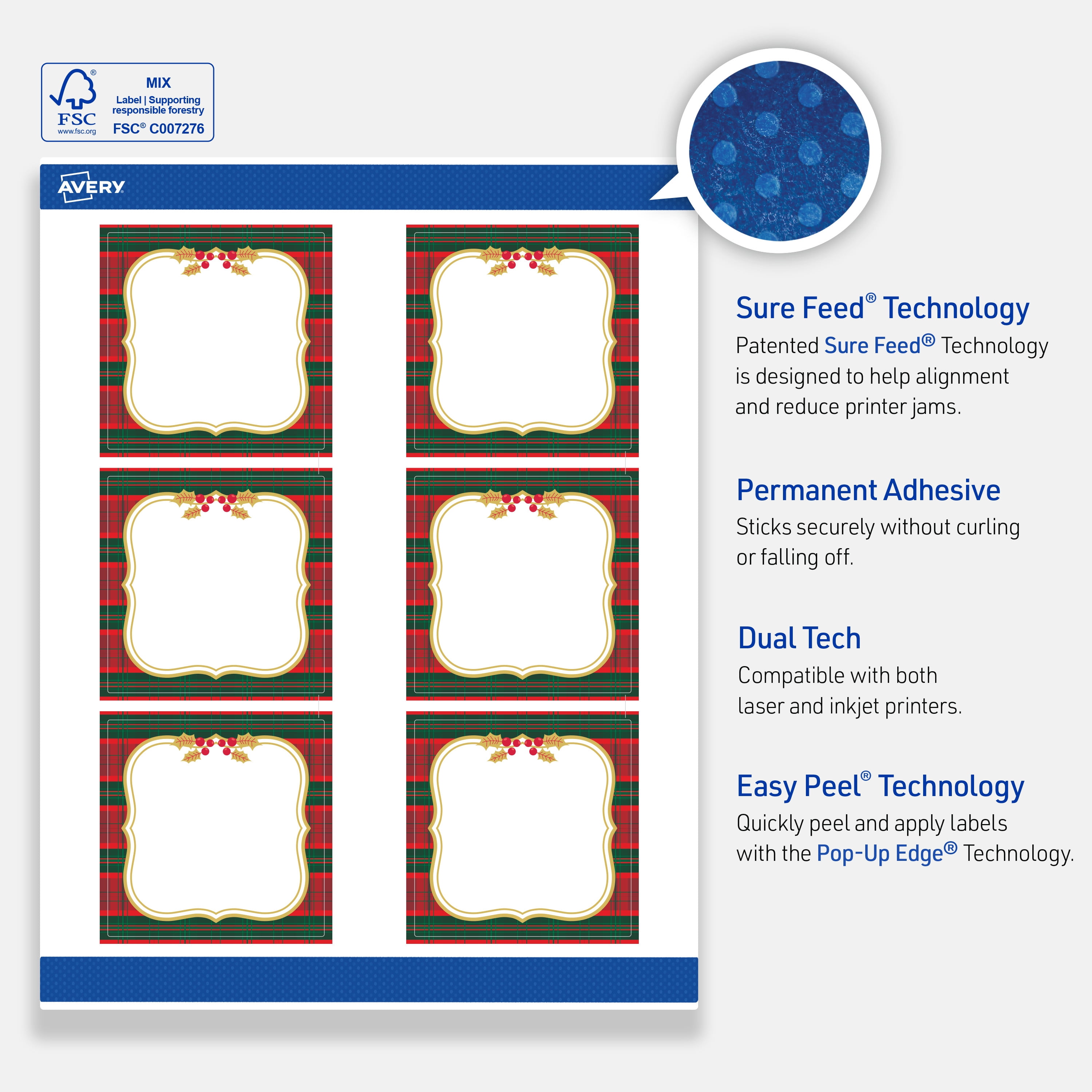 Avery Labels, 3" x 3", Matte White, Plaid/Metallic Gold Frame