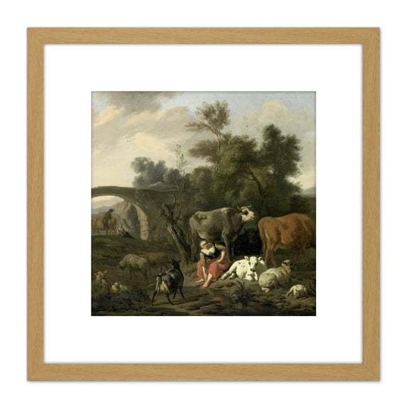 Van Bergen Landscape Herdsmen Cattle Painting 8X8 Inch Square Wooden Framed Wall Art Print Picture with Mount
