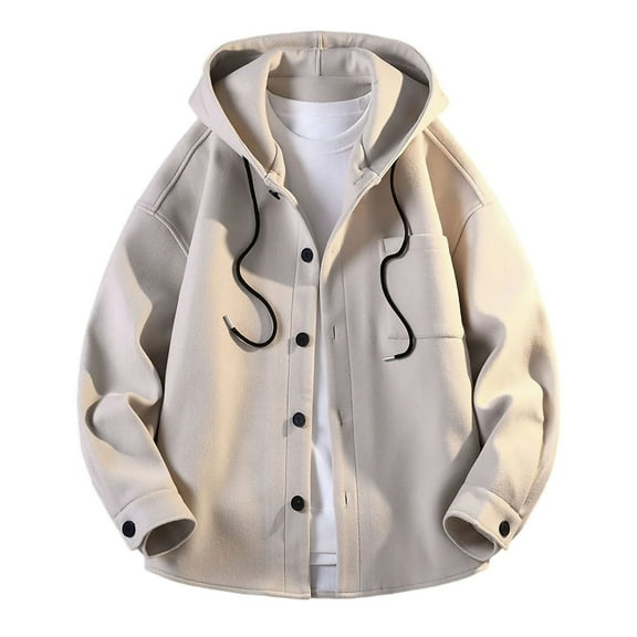 Mrmaere Men's Hooded Jacket Button-Front Adjustable Drawstring Soft Warm Outerwear for Daily & Leisure Beige L