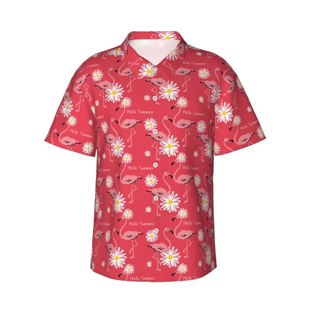 Fotbe Hello Summer Flamingo Camisa Hawaiana para Hombre Unisex – Camisa Casual de Verano con Botones de Manga Corta de Algodón y Lino,X-Large