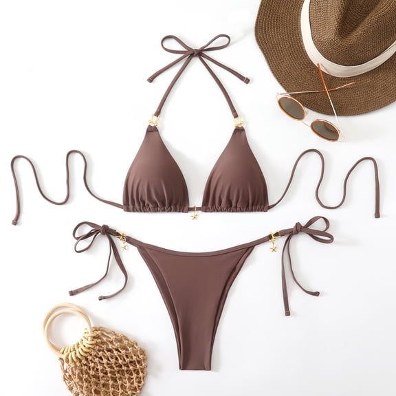 Xdegoge Bikini Sets for Women Halter Triangle Top Tie Side High Cut Bottom Two Piece Bathing Suits Smooth Fabric Metal Charm Details Flattering Summer Cruise