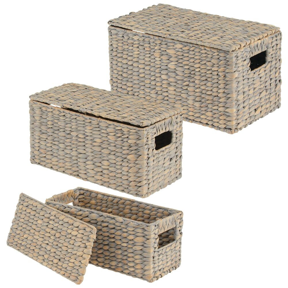 mDesign Woven Hyacinth Home Storage Basket with Lid, Set of 3 - White