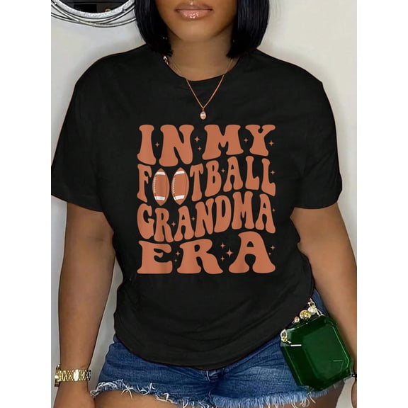 In My Football Grandma Era Groovy Grandmother Foot Christmas T-Shirt Women's Graphic Tee Casual Tops