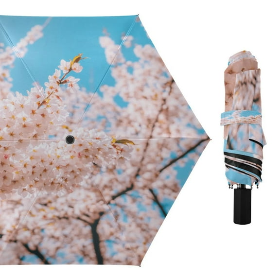 Compact Sun Umbrella Windproof Travel Umbrellas for Rain Strong Portable UV Protection Pink Cherry Flowers Tree