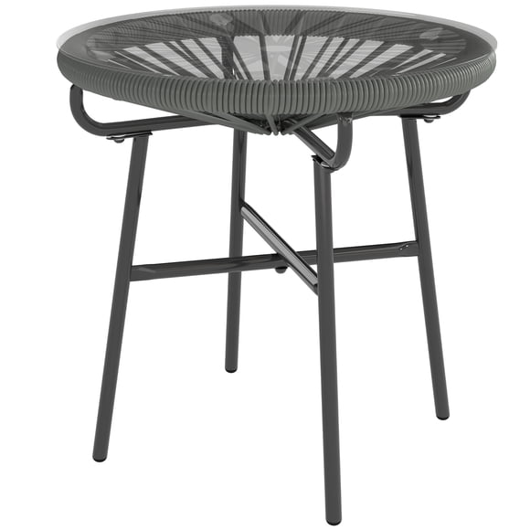 Round Rattan Side Table with Tempered Glass Top, Dark Grey PE Wicker Outdoor End Table with Powder Coated Metal Frame for Patio, Garden, and Balcony, 19.7" x 19.7" x 19.7"