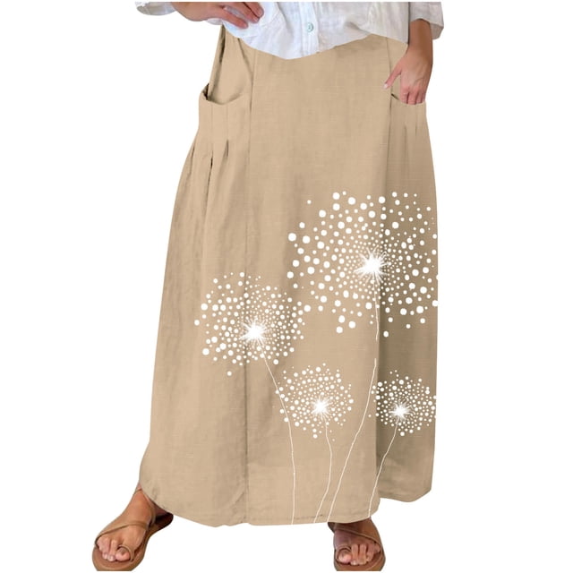 Mrat Jupe Midi avec Poches Jupe Décontractée Rétro à Fleurs pour Femme en Lin Taille Élastique Jupe Maxi Plissée avec Poches Jupes Grande Taille P-243 Kaki 4TG