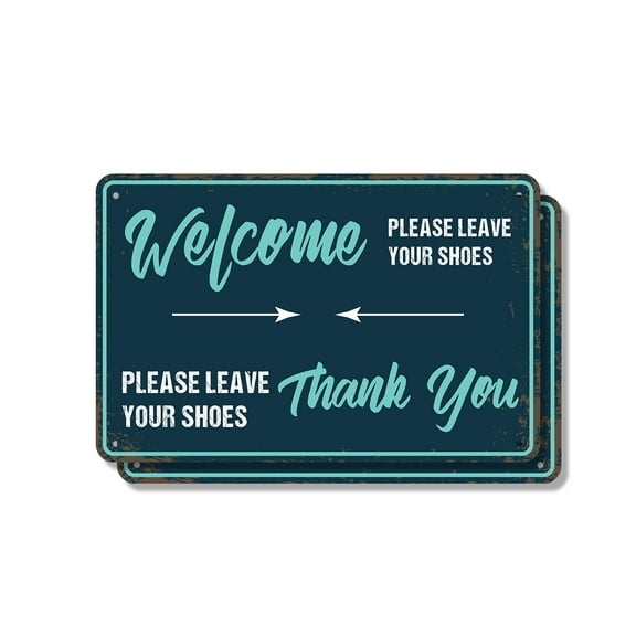 Welcome Please Leave Your Shoes and Worries at the Door (2 Pack) 7 Inch x 10 Inch Metal Sign Novelty Aluminum Durable UV Protected Perfect for Entryways Homes Fun Gift for Friends