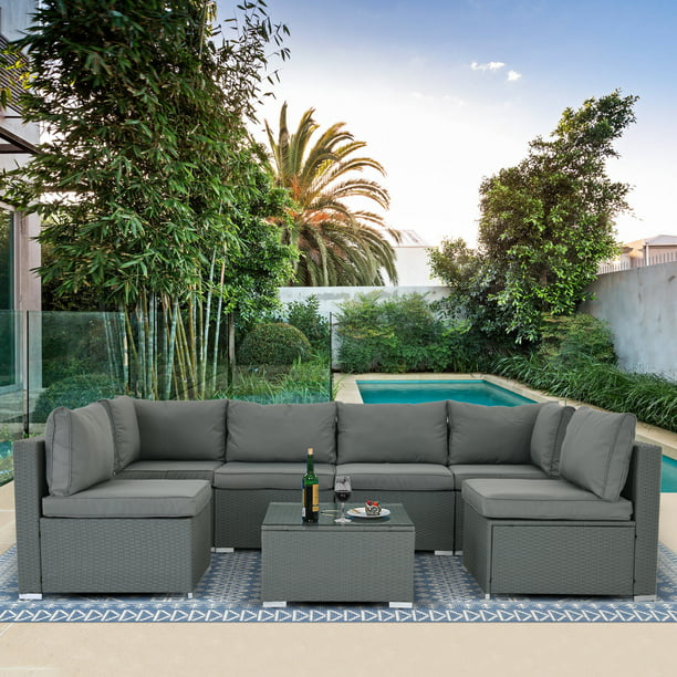 Sunvivi 7-Piece Rattan Wicker Outdoor Sectional Sofa Set