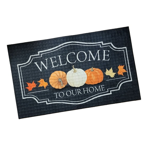 Natco Welcome To Our Home Outdoor Doormat, 18" x 30", Black with Fall Pumpkins & Leaves