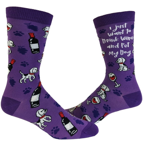 Women's I Just Want to Drink Wine and Pet My Dog Socks Funny Pet Puppy Animal Lover Vintage Novelty Footwear