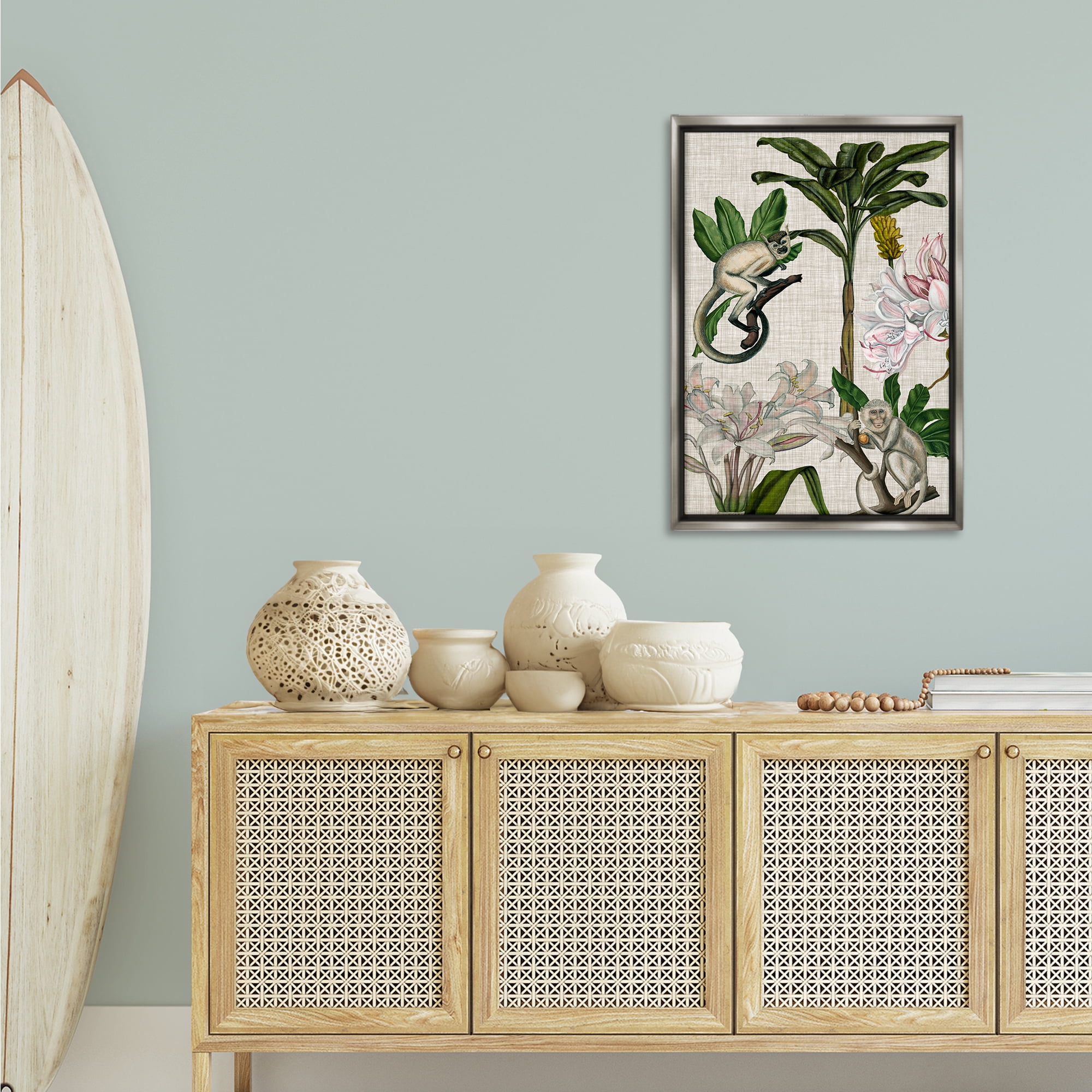 Stupell Industries Vintage Monkey & Plants Plants & Flowers Painting Gray Floater Framed Canvas Art Print Wall Art, 21 x 31