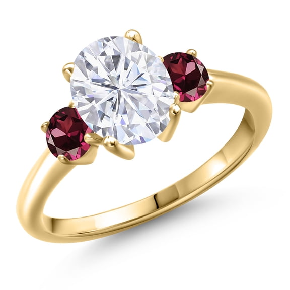 Gem Stone King 10K Yellow Gold White Moissanite and Red Rhodolite Garnet Engagement Ring for Women | 2.84 Cttw | Oval 9X7MM | Gemstone Birthstone | Size 7