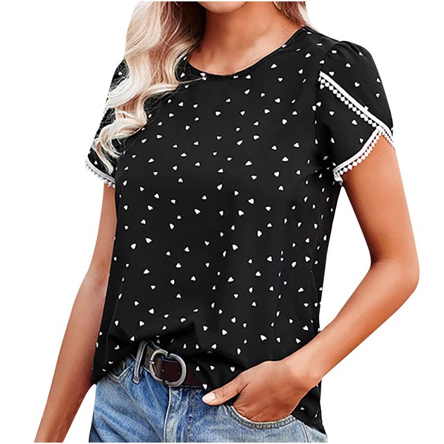 Moda mujer Casual impresión cuello redondo jerseys manga corta blusa camiseta Tops Pompotops hfajkhk127588