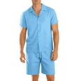 thumbnail image 3 of Swuxness Mens Short Sleeve Pajama 2 Piece Sets, Men's Short Pants Set, Men Solid Color Lapel Button Up Open Front Shirt Elastic Waist Pockets Comfortable Pajama Set Sky Blue, L, 3 of 5