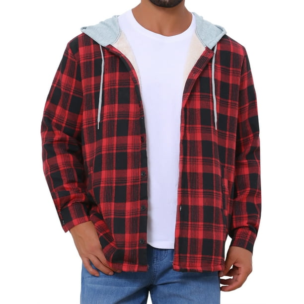 Camisa chaqueta de cuadros con capucha y cordón forrada de forro polar para hombre XL negra y roja