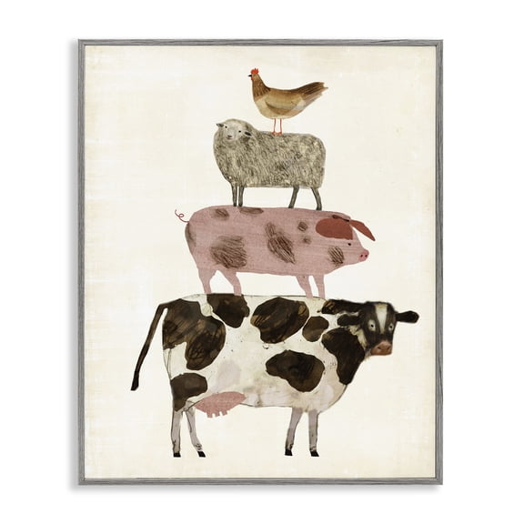 Stupell Industries Cottage Barnyard Buds Stacked Animals Gray Framed Giclee Art, 11 x 14, by Victoria Borges