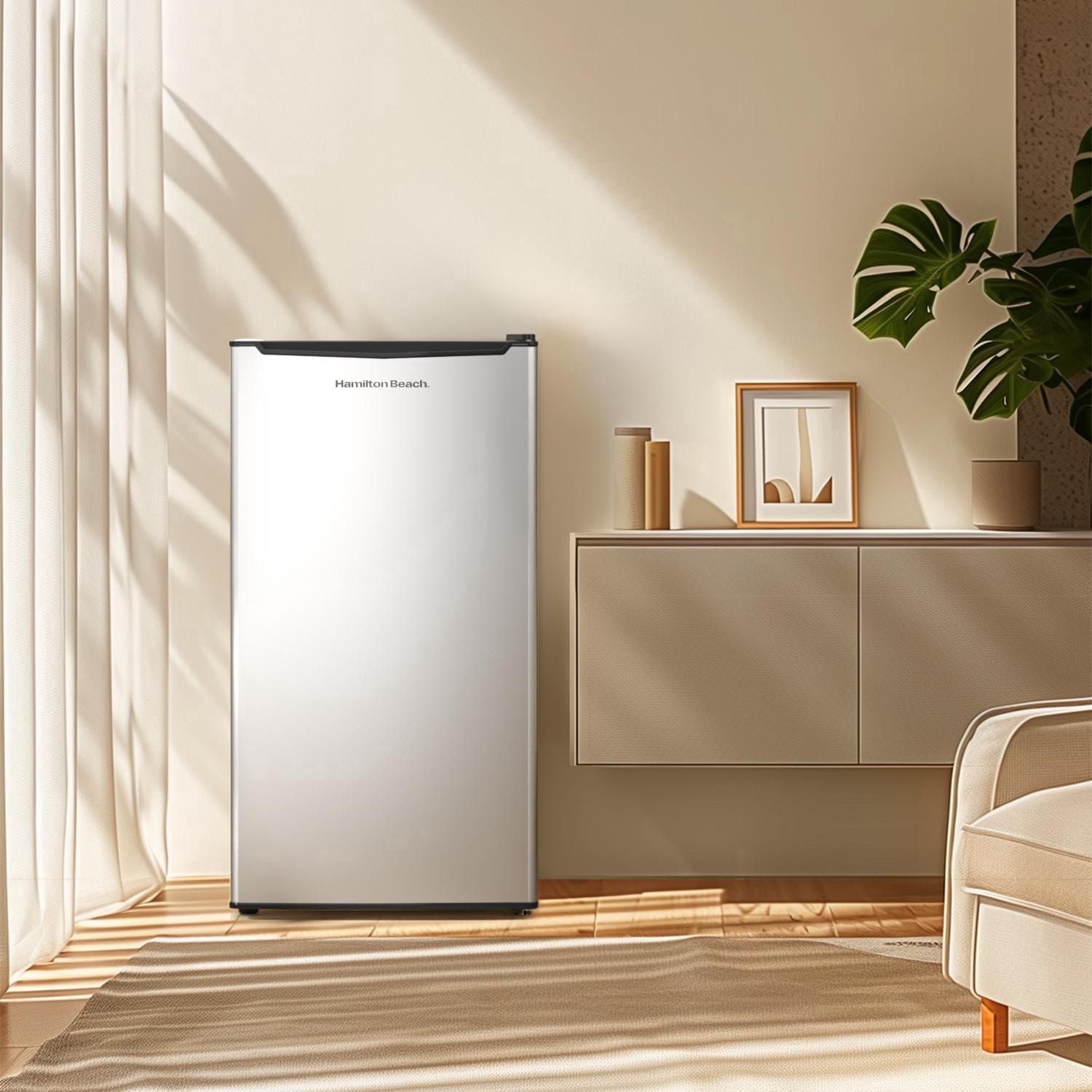 Hamilton Beach Mini Réfrigérateur 3,3 pi³ avec compartiment congélateur, réfrigérateur compact à porte simple, Energy Star, porte réversible, acier inoxydable