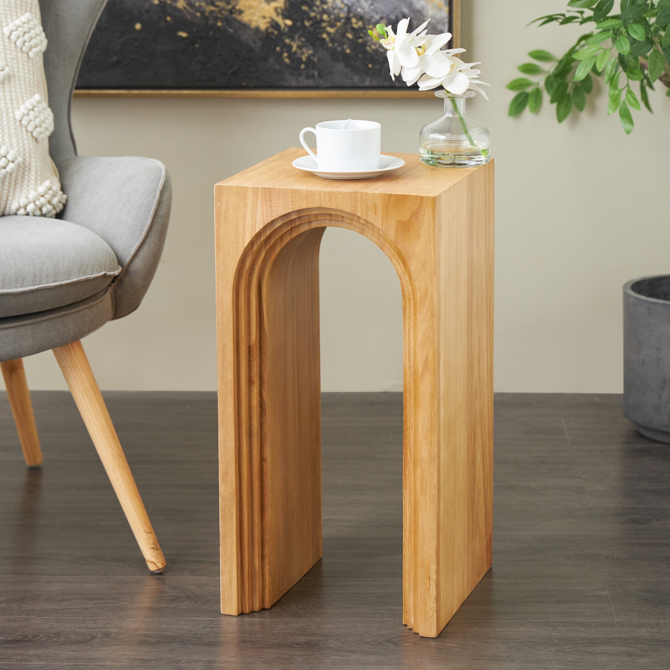 DecMode 12" x 24" Brown Wood Cutout Arch Accent Table, 1-Piece