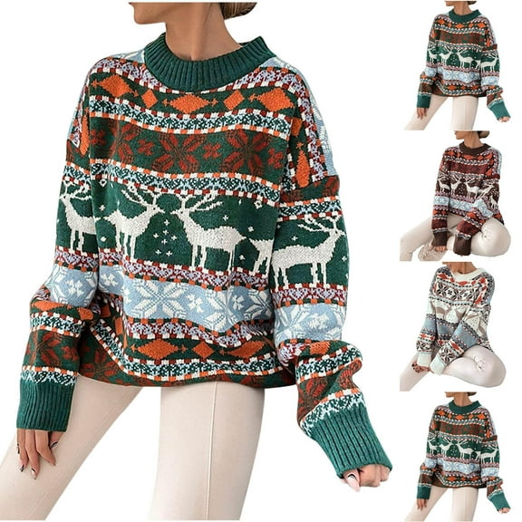 WRKEKC Women's Christmas Theme Knit Pullover Sweater Crewneck Long Sleeve Casual Holiday Festive Cozy Tops Winter Womens Sweater