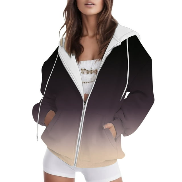 Hoodie Women Gradient Print Zip Up Drawstring Hoodie with Front Pocket Fall Simple Casual Hooded Sweatshirt Oversize Zip Up Sweaters for Women Dark Purple L