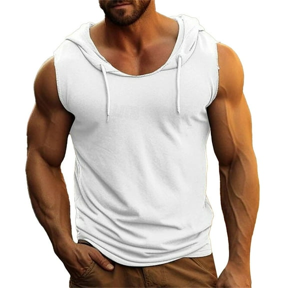 Mens Tank Top Hooded Bodybuilding Muscle Cut Off T-Shirt Athletic Vest Sleeveless Plain Fashion Workout & Training Activewear,White,M