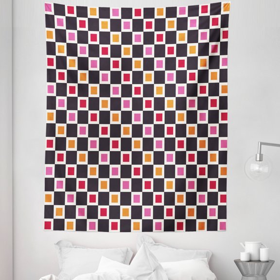 Geometric Tapestry, Grid Style Checkered Pattern with Cool Vivid Squares Geometrical Retro Motifs, Fabric Wall Hanging Decor for Bedroom Living Room Dorm, 5 Sizes, Multicolor, by Ambesonne