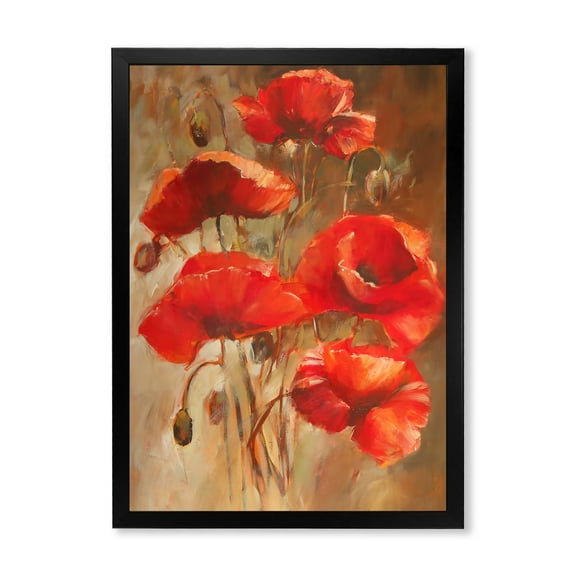 Designart 'Red Blossoming Poppies Over Wild Brown II' Traditional Framed Art Print