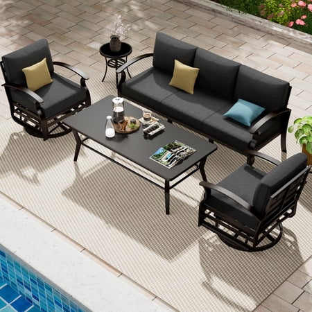 ASJMR Aluminum Patio Furniture Set 5-Seat Modern Outdoor Conversation Sets w/Swivel Rocking Chairs with Rectangular Coffee Table Grey
