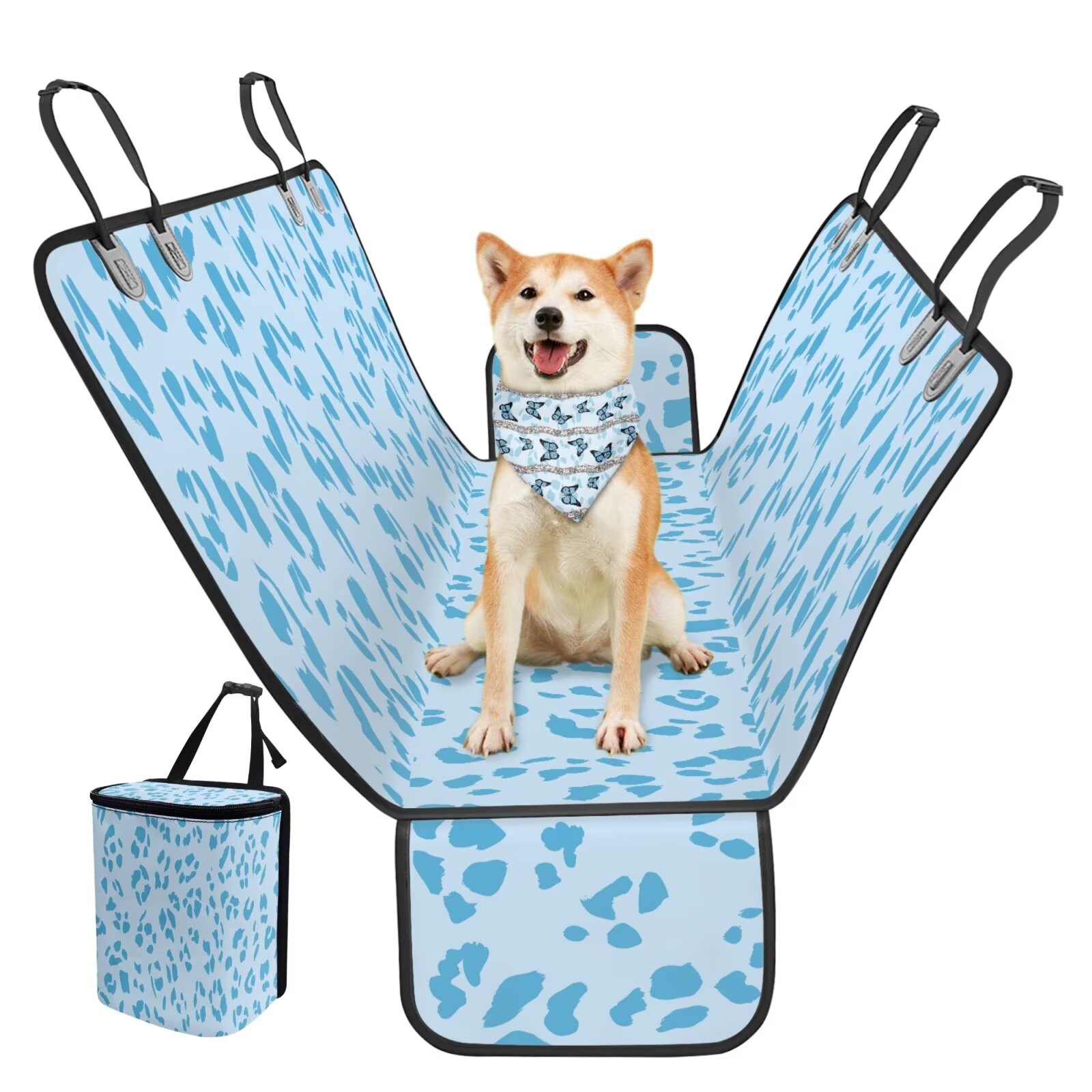 Garronmavis Blue Leopard Print 3 Pcs Car Accessories Set Dog Car Seat Cover for Back Seat Dog Bandanas Car Trash Can Large Capacity Multipurpose Dog Hammock for Car