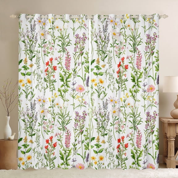 Homewish Rustic Floral Kids Black Out Curtains, Spring Green Flower Curtains Pack of 2 (42x63 Each), Leaf Plant Botanical Bedroom Curtains, Blackout Curtains Bedroom Decor