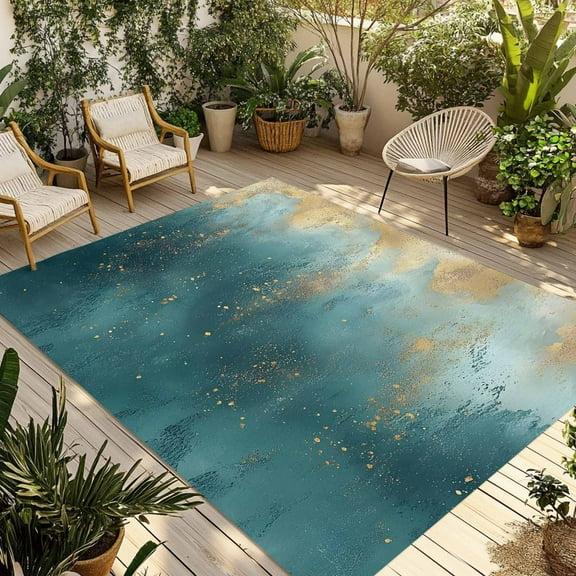 Fsddascl Abstract Turquoise Gold Outdoor Rug for Patio/Deck/Porch, Non-Slip Large Area Rug 5 x 8 Ft, Modern Minimalist Art Indoor Outdoor Rugs Washable Area Rugs, Reversible Camping Rug Carpet