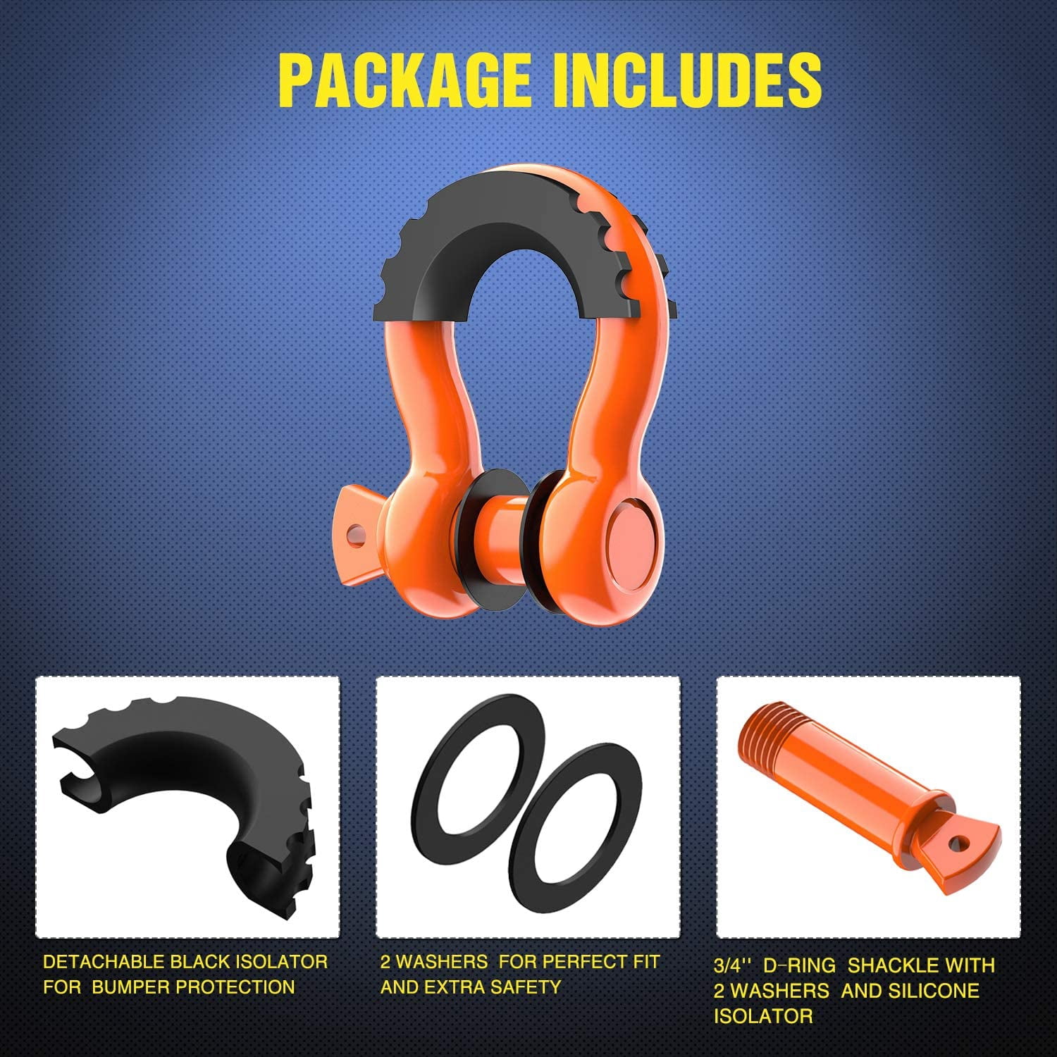 Nilight 2PCS 3/4" D-Ring Shackles 7/8'' Pin Black Isolator Washers Kit 4.5t For Jeep Truck Bumper