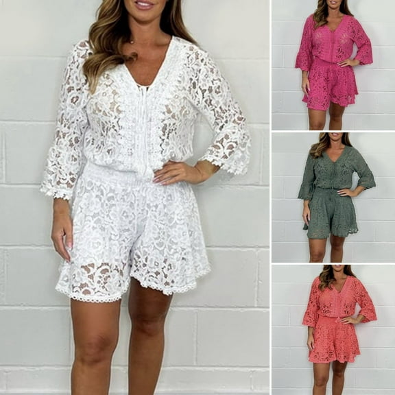 sunsanly 2 Pcs/Set Women Top Shorts Set Hollow Out Lace Flower Embroidery V Neck Drawstring Three Quarter Sleeves Elastic High Waist Loose Dating Commute Blouse Shorts Suit