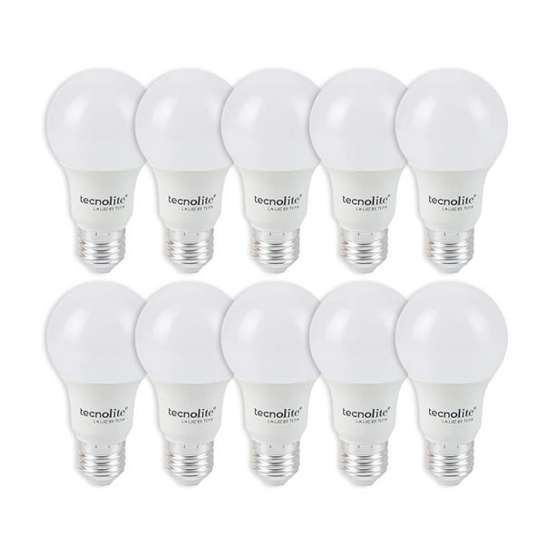 Tecnolite - Pack de 10 Focos LED Modelo A19, Focos Ahorradores, 8.5 Watts de Potencia, con Base E27, 800 lumens, Iluminación Interiores, Color de Luz Cálida, 3000 K, 100 - 240 Vo