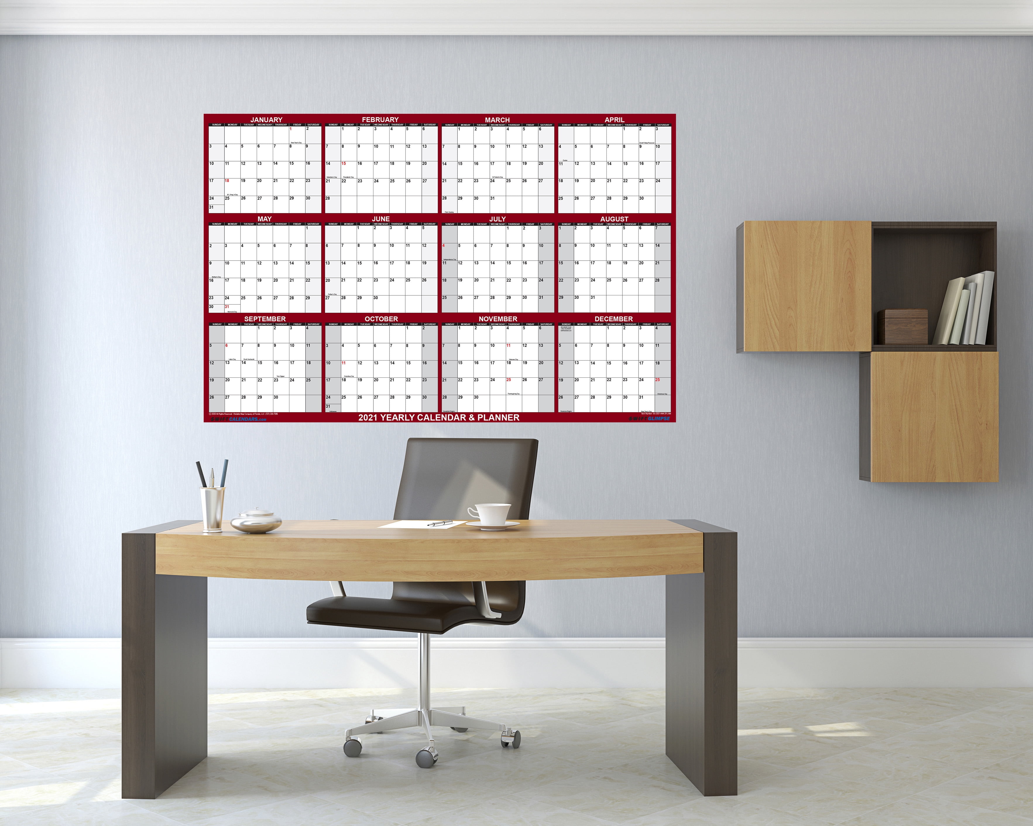 SwiftGlimpse 32" x 48" 2026 Wall Calendar, Erasable, Reversible, Maroon
