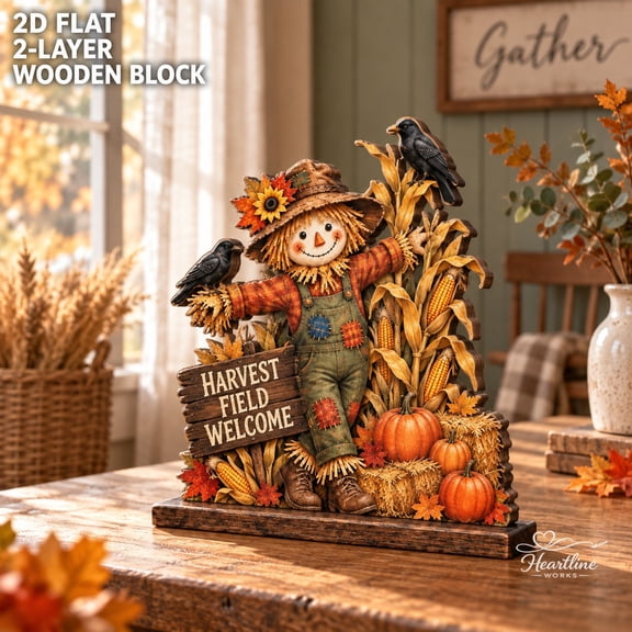 Scarecrow Cornfield 2-Layer Wooden Block Fall Harvest Tabletop Decor