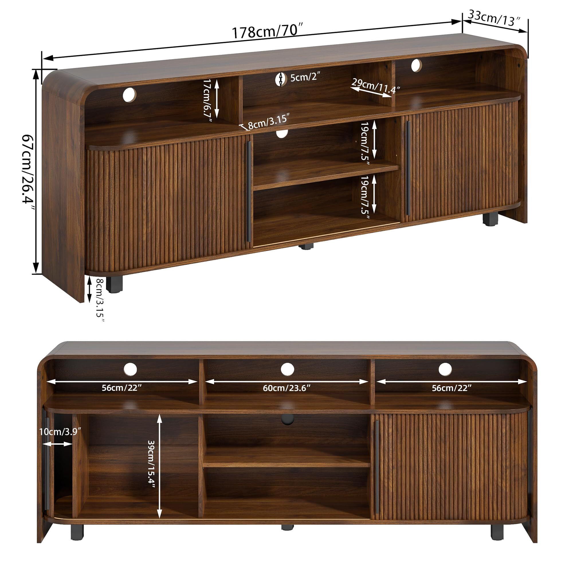 Fluted TV Stand for 65-80" TV, 70" Mid Century Modern Console, Large Walnut Entertainment Center with Storage, Sliding Doors