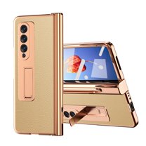 Dteck Case for Samsung Galaxy Z Fold4 with Pen Holder, PU Leather Pattern    Tempered Glass Screen Protector   Plating All-Inclusive Hinge Protector Case Kickstand Cover for Samsung Z Fold4,Gold