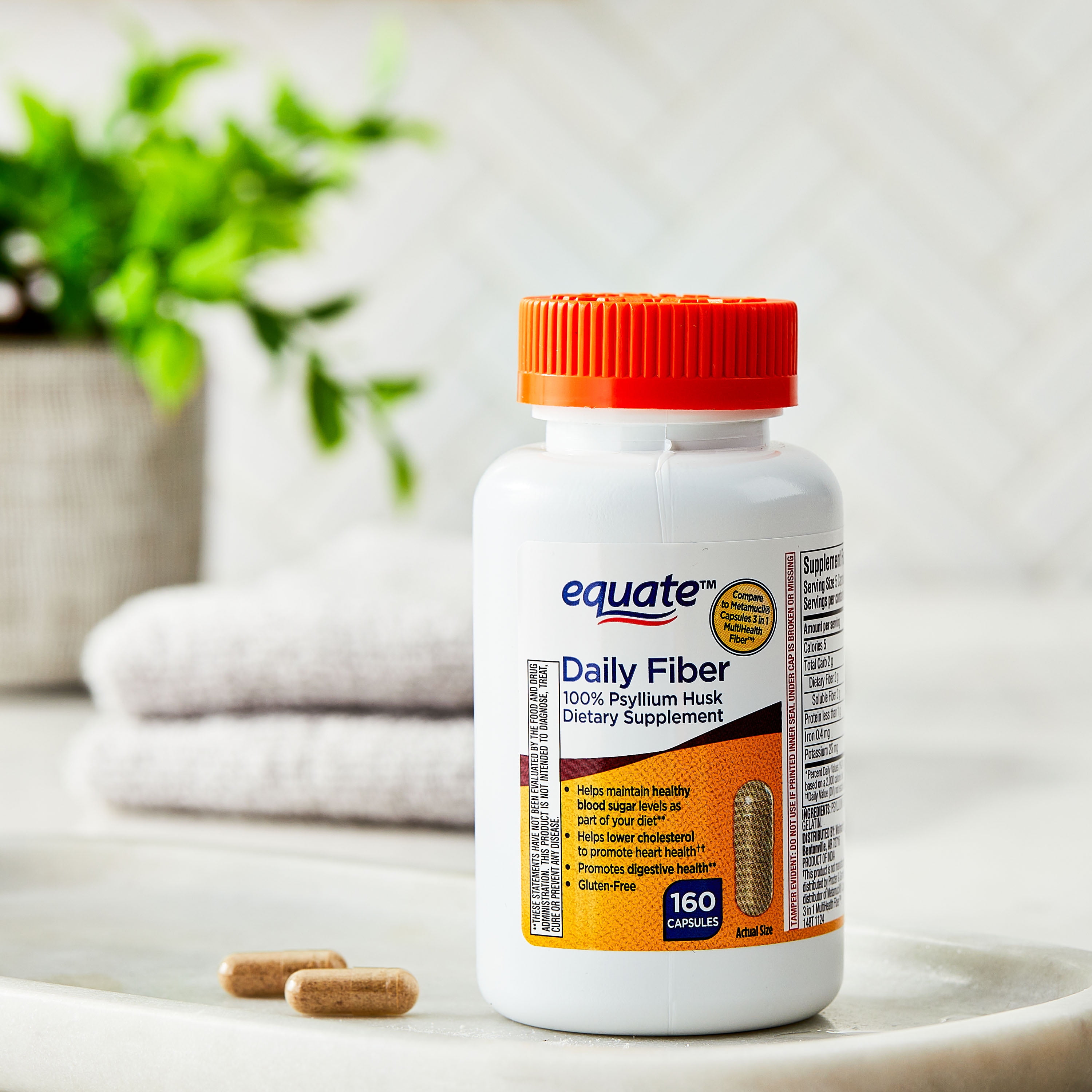 Equate Psyllium Husk Capsules, Compare to Metamucil Capsules 3 in 1 MultiHealth Fiber, Gluten-Free, 160 Count
