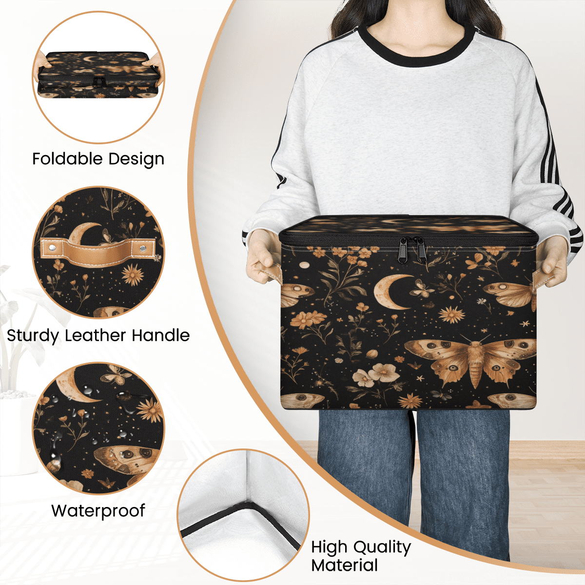 ADECORIVY Butterfly Storage Bin with Lid Fabric Moth Floral Moon Foldable Storage Baskets Boxes for Clothes Shelves Closet Organizer Containers with Leather Handles for Wardrobe