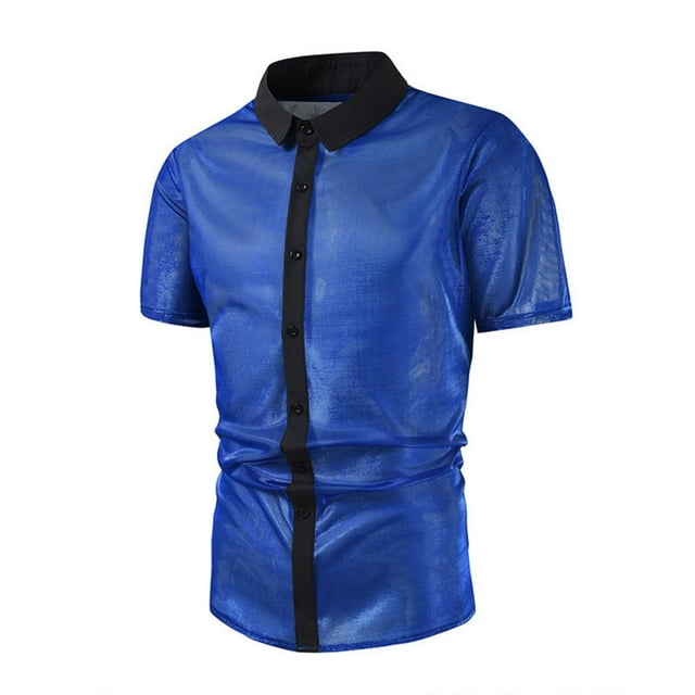 Chemises pour Hommes Grande Taille à Moins de 5$ Chemise à Manches Courtes à Sequins Costume de Performance Brillant Tendance Col Rabattu Chemise Bleue m