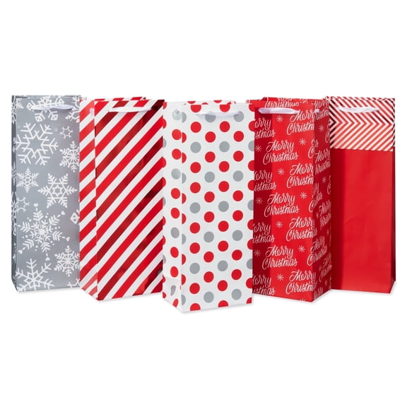 American Greetings Multi Design Wine Gift Bags for Christmas, Red, White and Silver (5 Bags)