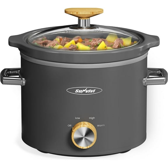 Superjoe 2 Quart Slow Cooker with 3 Heating Settings, Removable Ceramic Pot, and Dishwasher Safe Lid, Grey