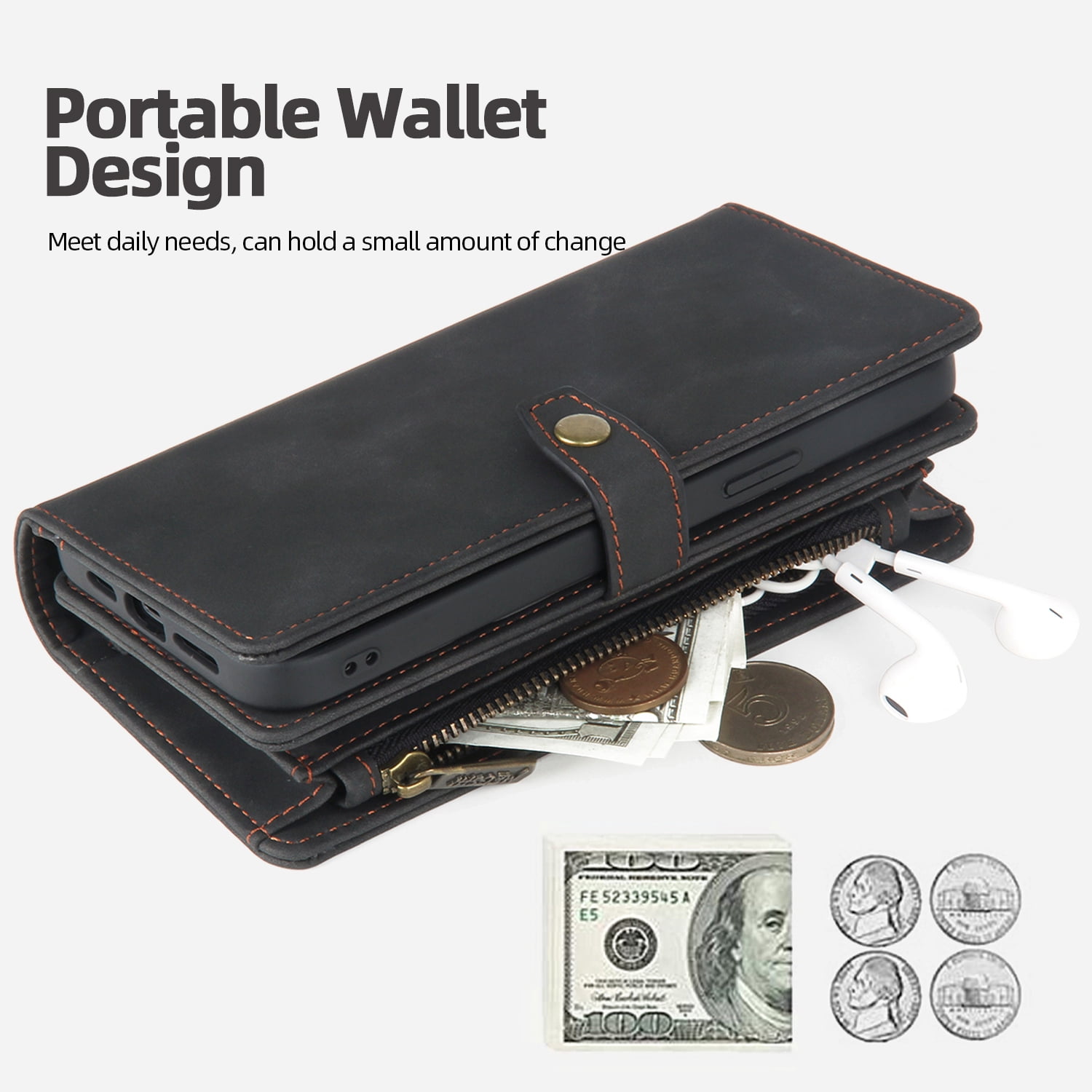 Dteck for iPhone 14 Plus Case, iPhone 14 Plus Case Wallet for Women Men, Durable PU Leather Magnetic Flip Lanyard Strap Wristlet Zipper Card Holder Phone Cases for iPhone 14 Plsu 6.7 Inch,Black