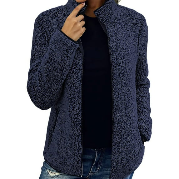 Wrcnote Women Solid Color Zip Up Outwear Zipper Winter Long Sleeve Coat Stand Collar Fleece Jacket Navy Blue L